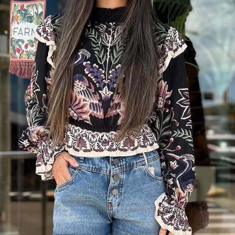 FARM Rio Peacock Floral Ruffle Crop Blouse - Picture 6 of 8